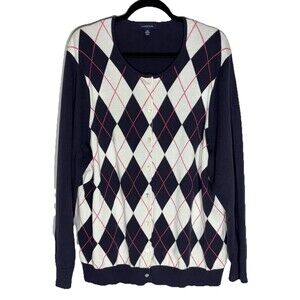 Lands End Womens Argyle Sweater Size 3X Plus Button Cardigan Blue Preppy Golf